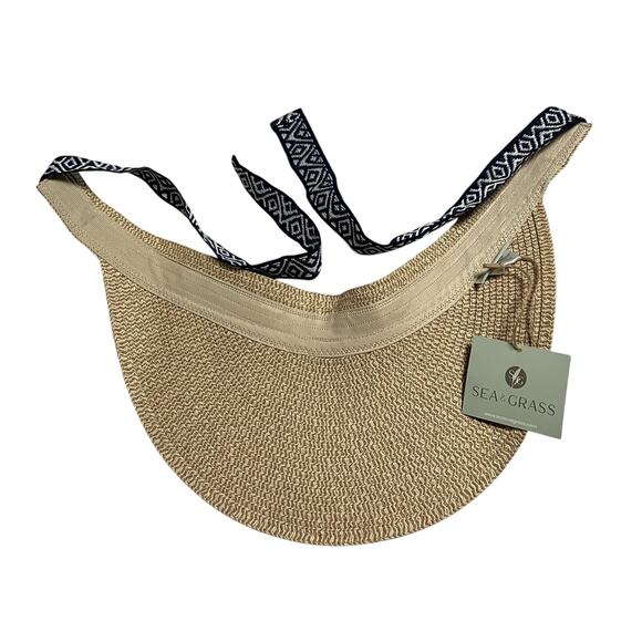 Womens Sea & Grass Straw Visor Sunvisor Sun Hat with Navy Blue Ties NWT - Picture 5 of 9